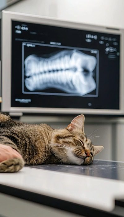 brown tabby cat getting an x-ray